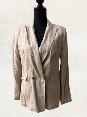 Magaschoni Double-Breasted Linen-Blend Blazer in Light Beige